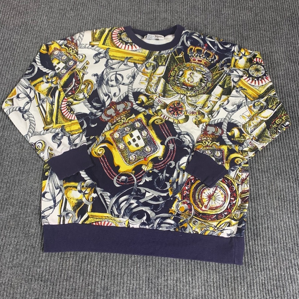 Vtg SK Company Sweatshirt Womens Medium Blue AOP Crew Sweater Nautical 90s Retro